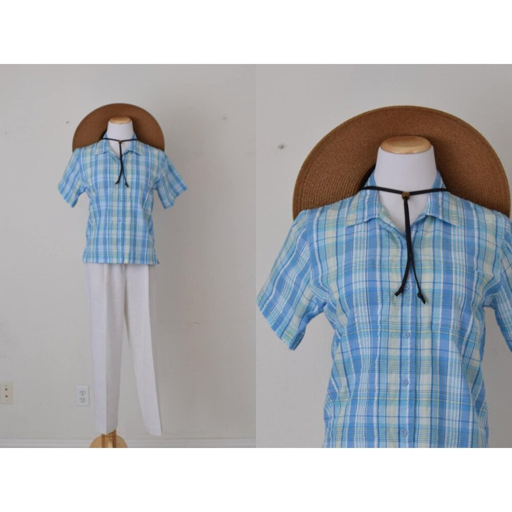 Vintage 90s White and Blue Cotton/Poly Plaid Button Down Blouse